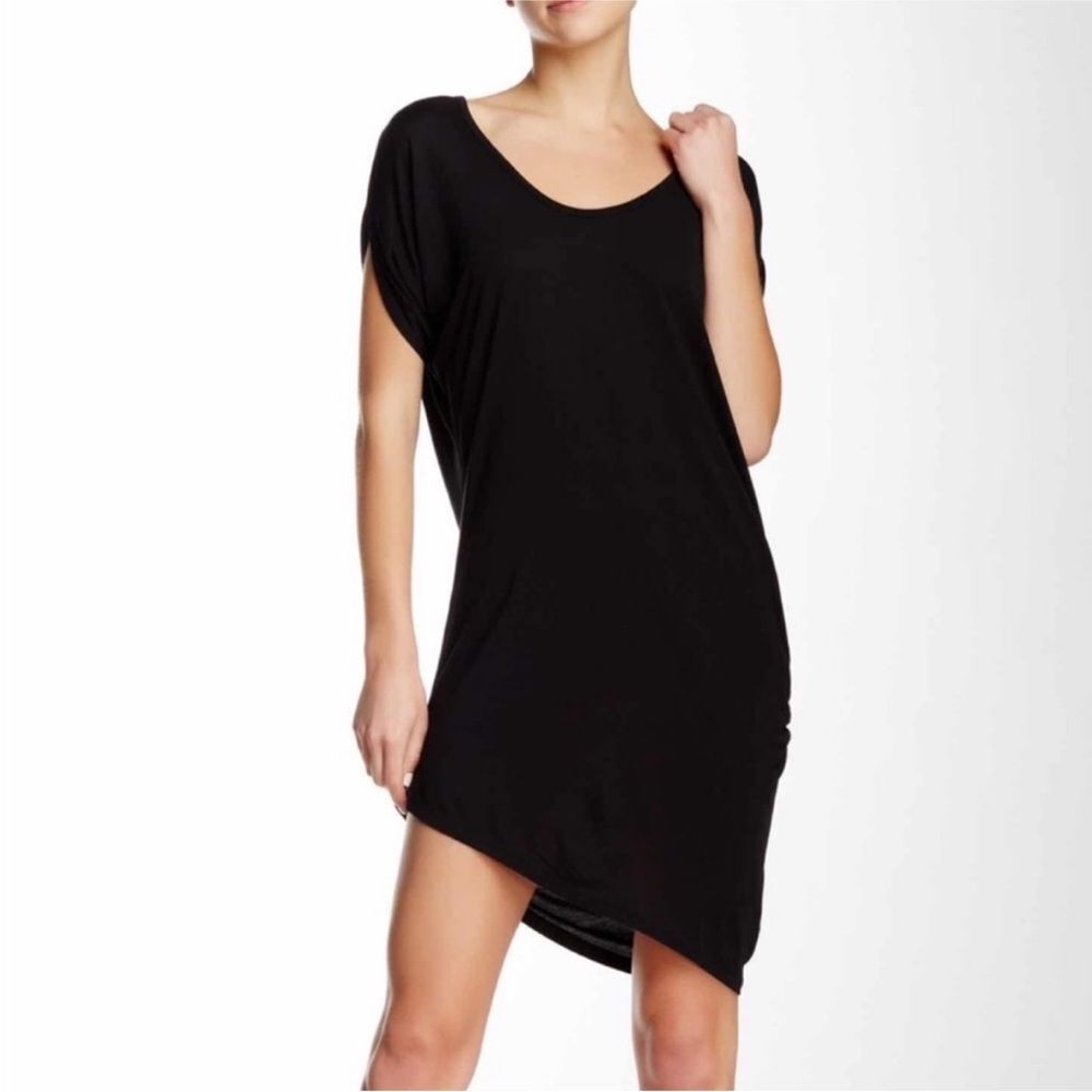 Haute Hippie Black Asymmetrical Hem Ruched Jersey Knit Dress, Size S